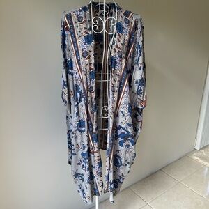 Angie Boho Floral open front Kimono Cardigan M Blue Cream Paisley Duster Wrap